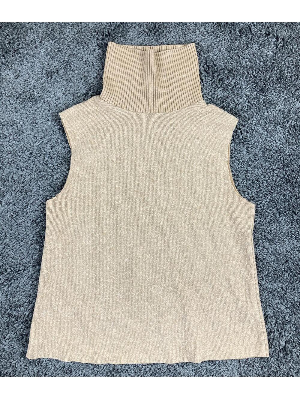 Zara Beige Sleeveless Turtleneck Sweater Vest Raw Hem Knit Tank Women's Medium